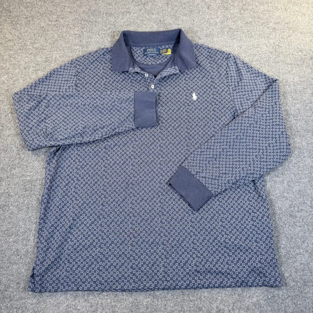 Polo Ralph Lauren Mens XL‎ Custom Slim Fit Long Sleeve Polo Navy Geometric #2839